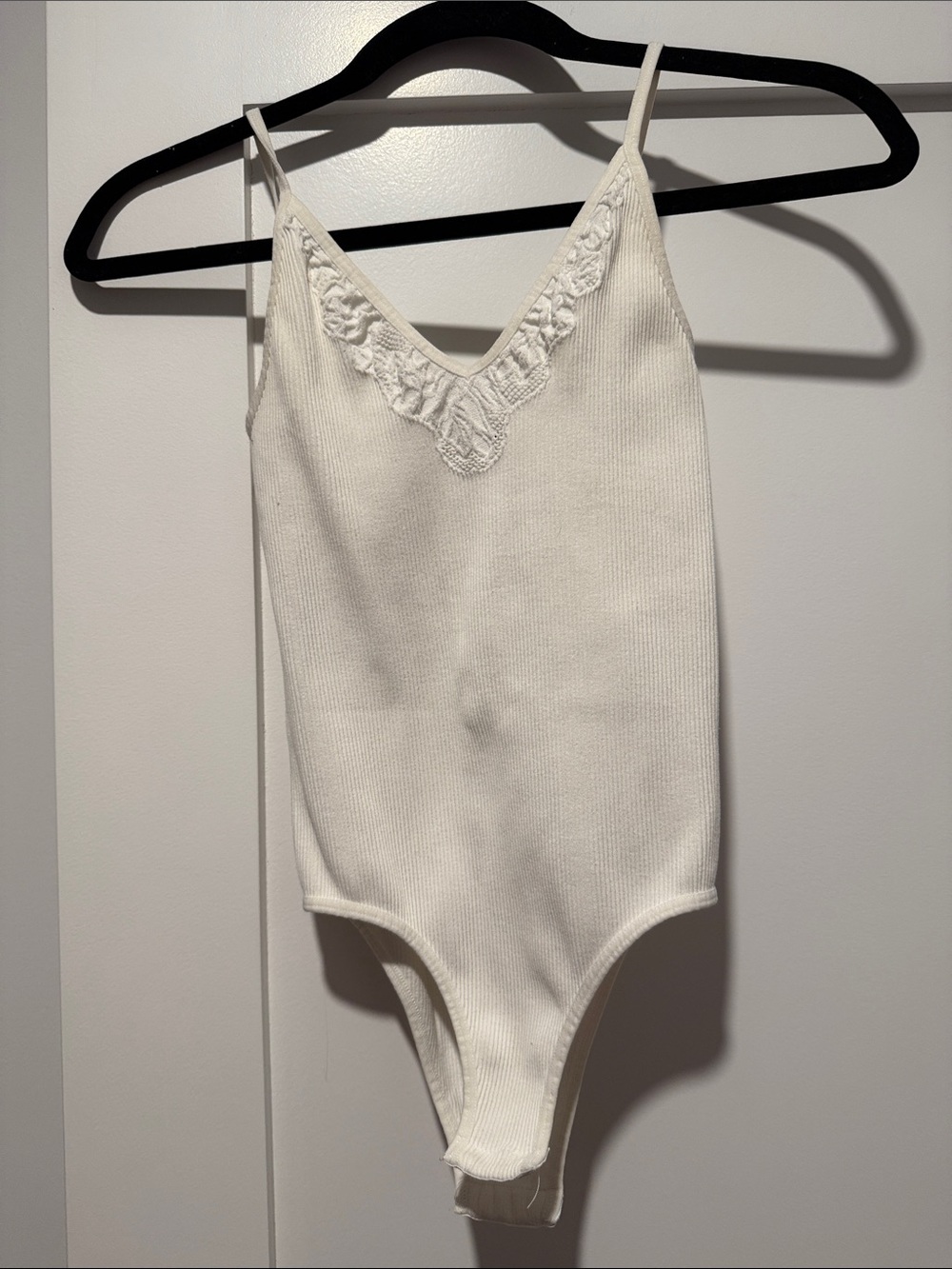 Women’s Cream Ribbed One-Piece Bodysuit with Lace Trim